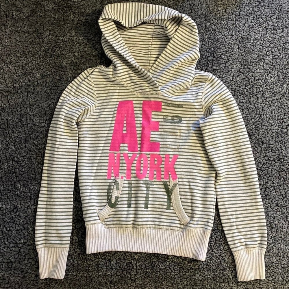 Womens American Eagle Outfitters Striped Olive Cream Chunky Hoodie Size XS